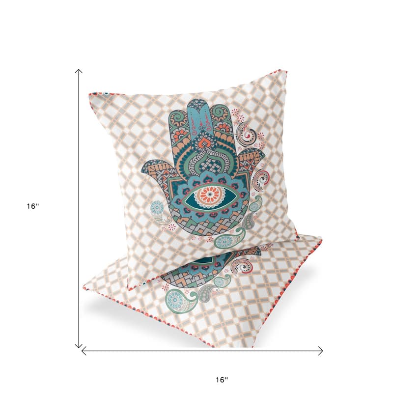 HomeRoots Set of Two 16" X 16" Blue and Orange Blown Seam Hamsa Indoor Outdoor Throw Pillow - 16.00' X '16.00' X '5.00