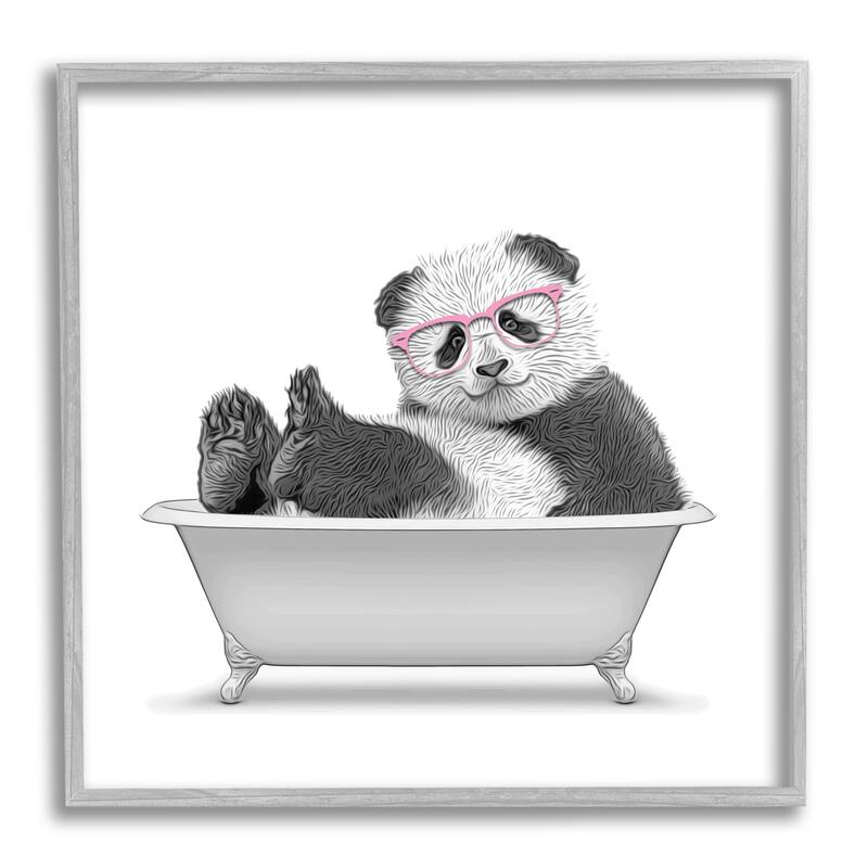 Stupell Quirky Panda Bathtub Pink Glasses Minimal Design Framed Wall Art - Grey