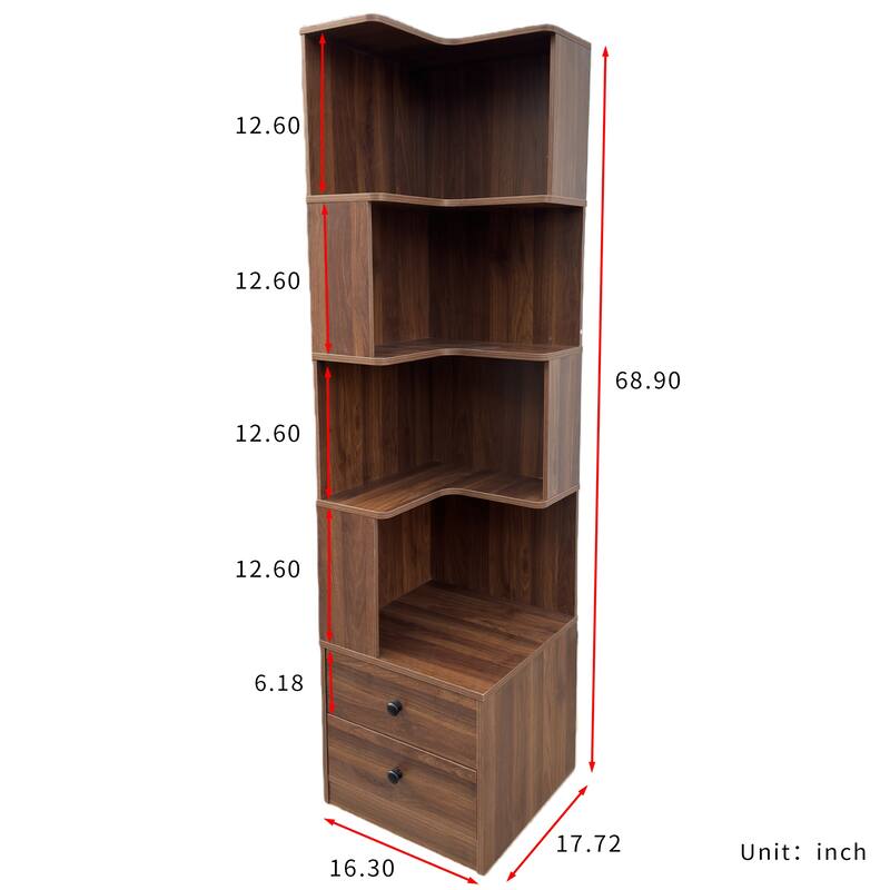Corner Bookshelf With Drawers,4-Tier Corner Bookcase With Baffle, Freestanding L Shaped Display Shelf Stand With LED Lights