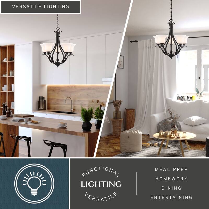 VAXCEL Monrovia 5-Light 26 in. Wide Chandelier with White Glass Shade, Adjustable Height Hanging Ceiling Fixture