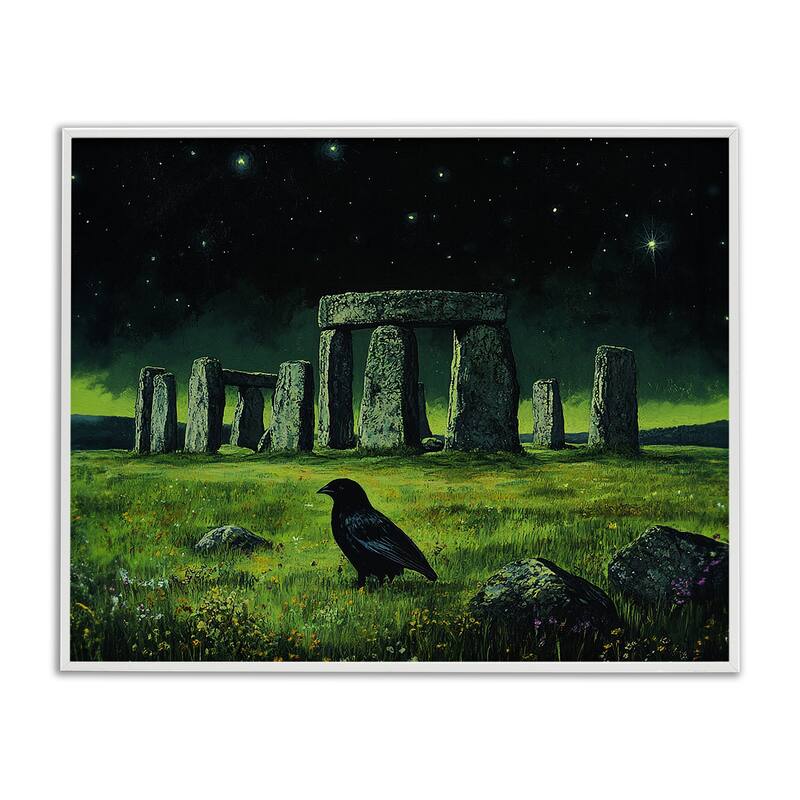 Stupell Crow & Stonehenge at Night Framed Giclee Art Design By Tom Crehan - 14 x 11 - White
