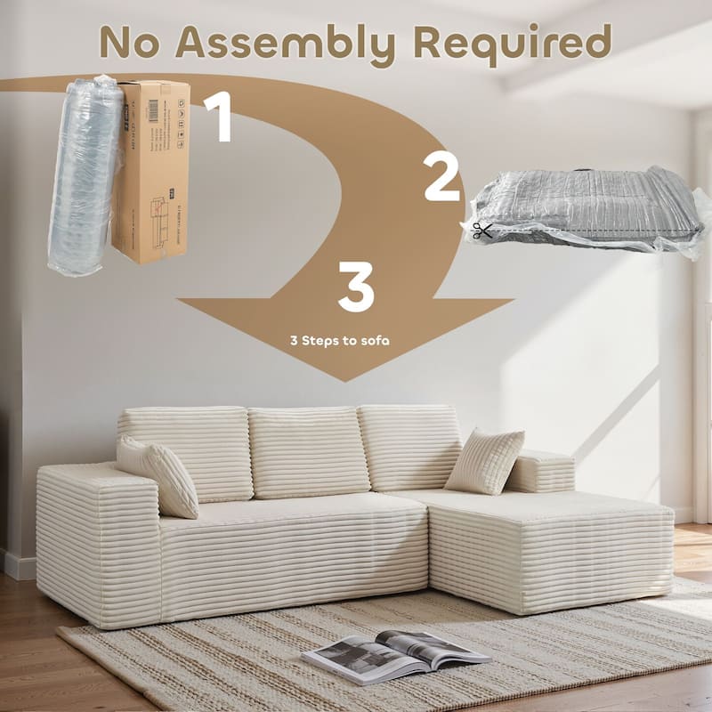 Meyreso No Assembly Required Long Plush L-Shaped Sectional Sofa with Round Nesting Coffee Tables