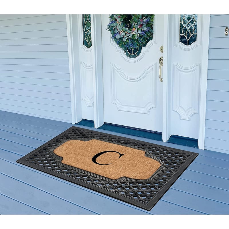 A1HC Mesh Border Rubber and Coir Large Heavy-Duty Outdoor Monogrammed Doormat, 23"X38" Black