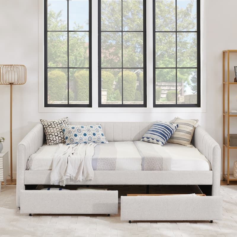 Vertical Stripes Linen Fabric Upholstered Sofa Bed with Two Drawers