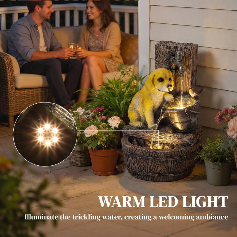 Outsunny 22" Outdoor Fountain with 3-Tier Puppy Theme, Cascading Waterfall Feature with LED Lights and Adjustable Flow