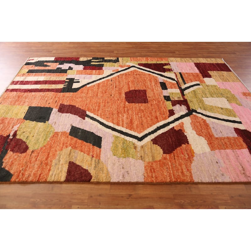 Geometric Moroccan Oriental Area Rug Orange Hand-Knotted Wool Carpet - 7'1" x 9'8"