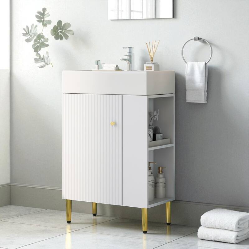 21.6" White Bathroom Vanity with Ceramic Sink Freestanding Cabinet Right Side Storage and Soft Close Door