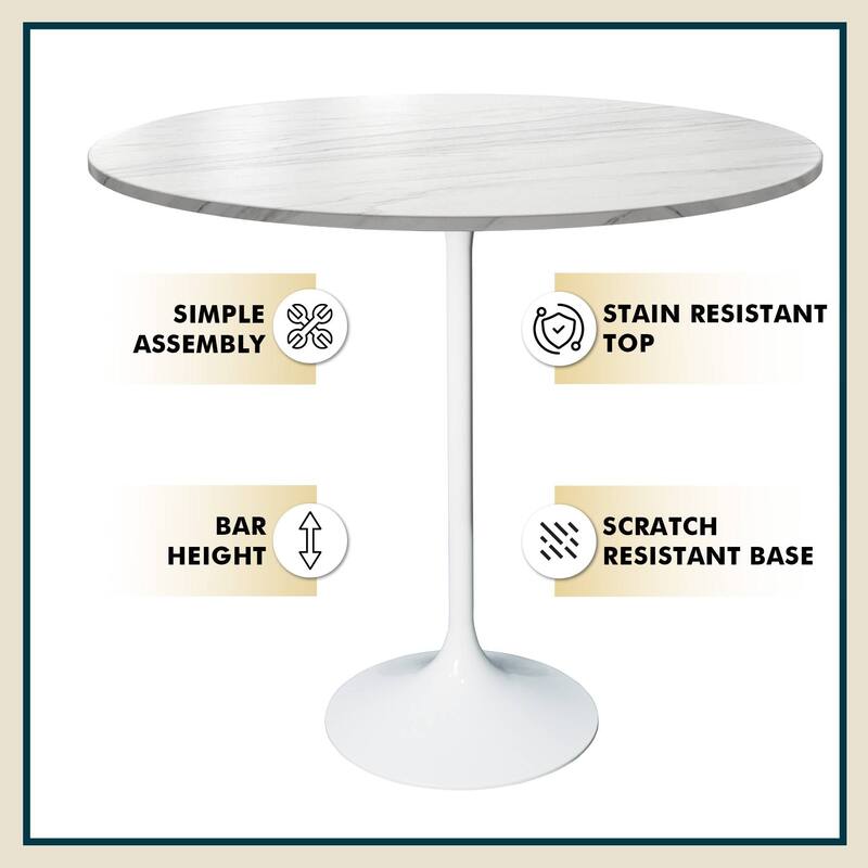LeisureMod Verve 48" Round Bar Dining Table with Stone TableTop and White Steel Base for Kitchen & Dining Room