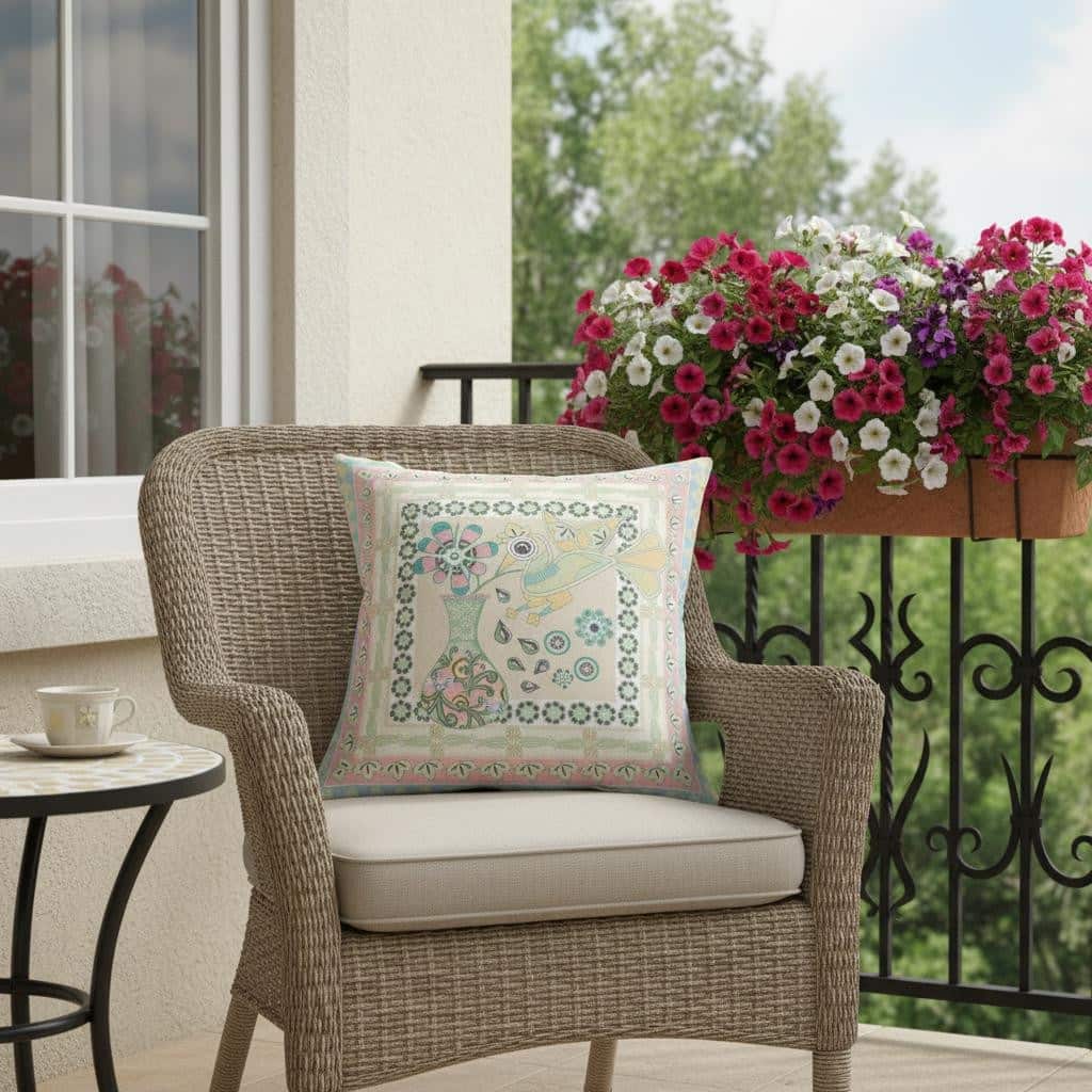 HomeRoots 18" x 18" Blue and Beige Peacock Blown Seam Floral Indoor Outdoor Throw Pillow - 18.00' X '5.00' X '18.00