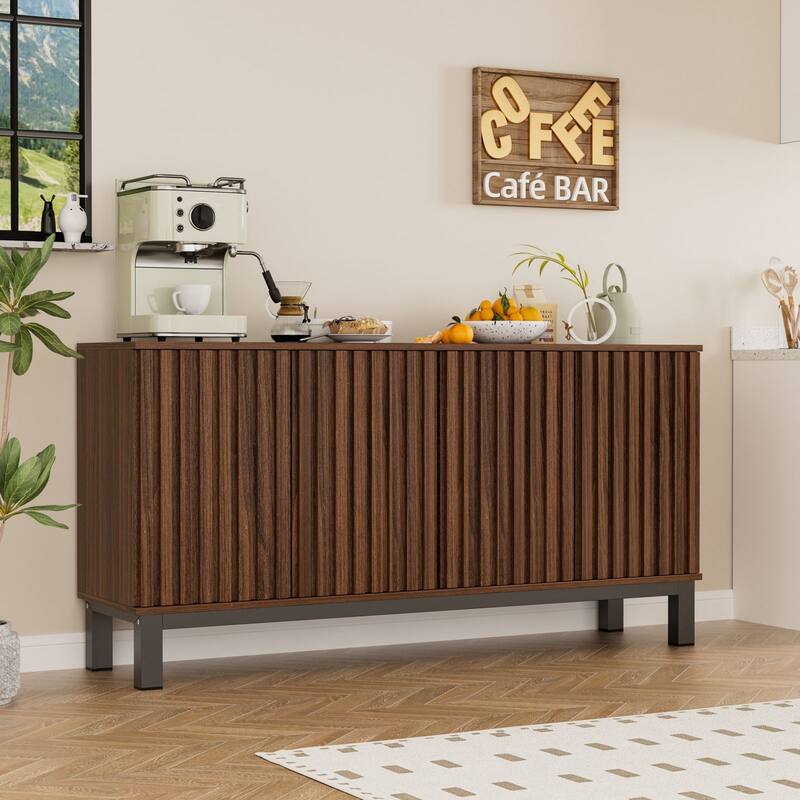 Meyreso 63 Inch Fluted Buffet Cabinet with Shelves & 4 Doors