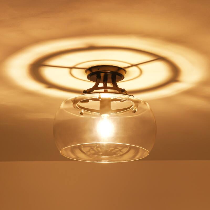 1-Light 13.8" W Modern Schoolhouse Matte Black Semi-Flush Mount Ceiling Light with Clear Dome Glass Shade for Bedroom