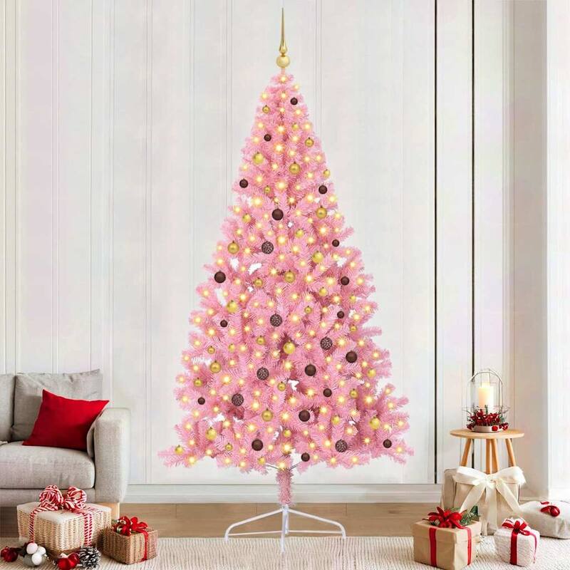 vidaXL Artificial Pre-lit Christmas Tree Pink in PVC - 59.06 in - Pink-with 120 gold/bronze balls