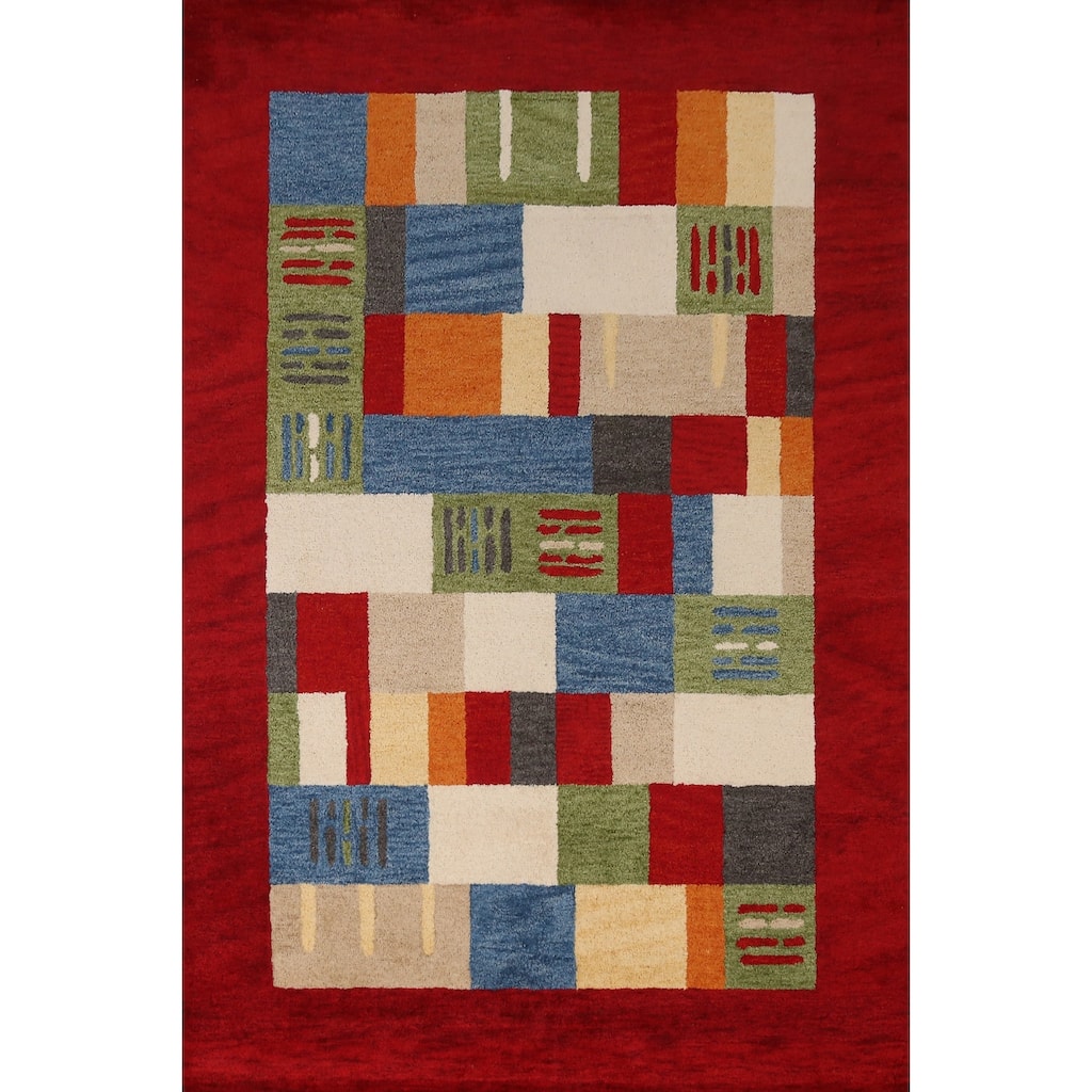 Modern Geometric Gabbeh Indian Area Rug Handmade Wool Carpet - 5'3" x 7'7"