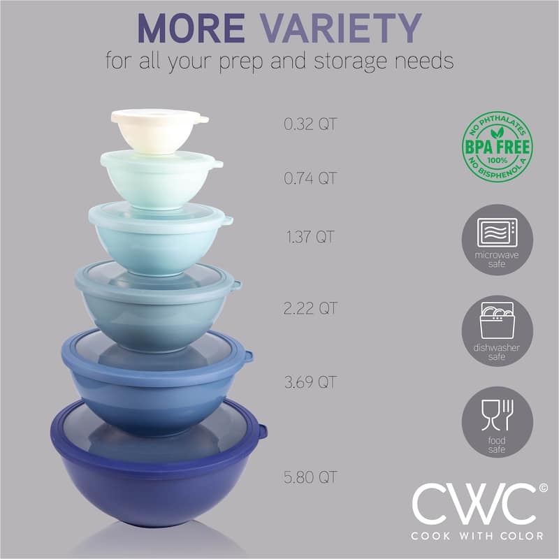 COOK WITH COLOR - 12 Piece Plastic Nesting Bowls - 6 Prep Bowls and 6 Lids, Microwave Safe