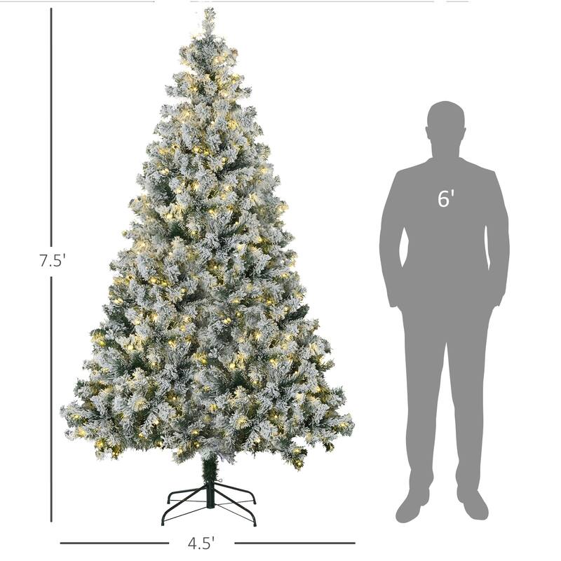 7.5ft Snow Flocked Artificial Xmas Tree with Warm and Colorful LED Lights