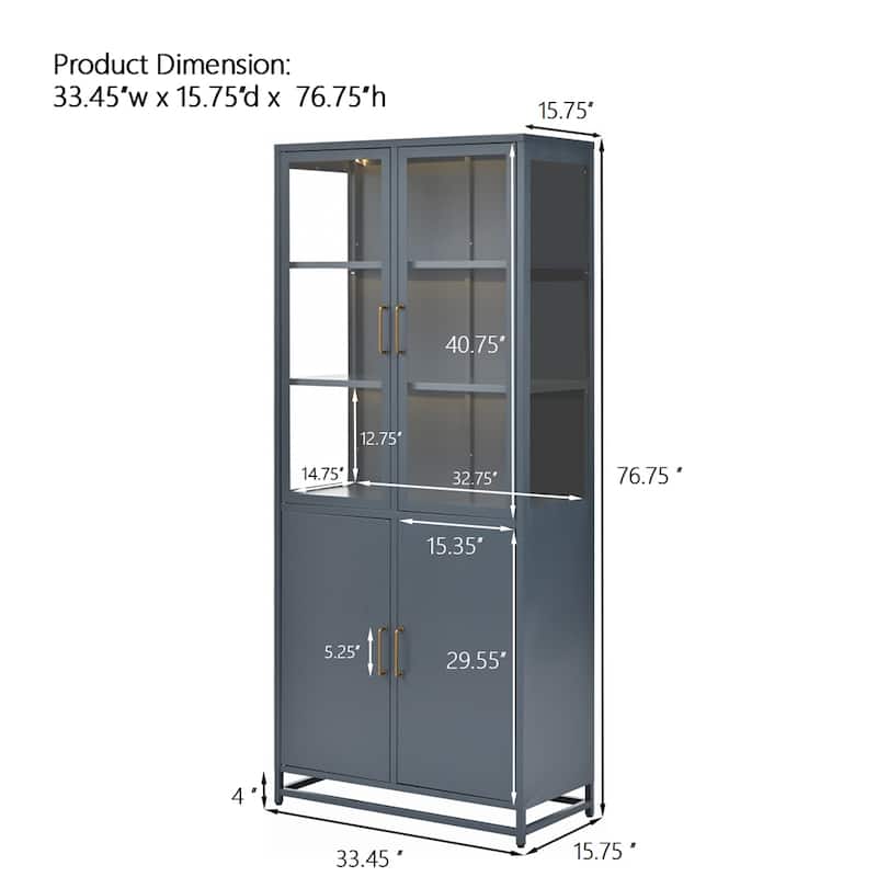76.75'' Tall Display Cabinet w/Double Glass Doors Steel Curio Cabinet - Dark Blue