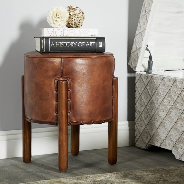 slide 2 of 17, Brown Teak Wood Handmade Upholstered Leather Stool with Wood Legs Brown
