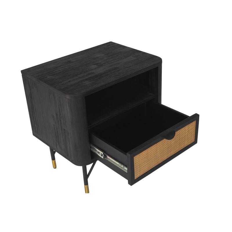 Saratoga Nightstand in Black Acacia with Rattan