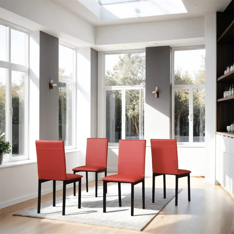 Faux Leather Seat Metal Frame Dining Chairs, Set of 4, Black/Red