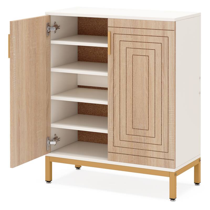31" White & Natural Wooden Shoe Cabinet, 5 Tiers