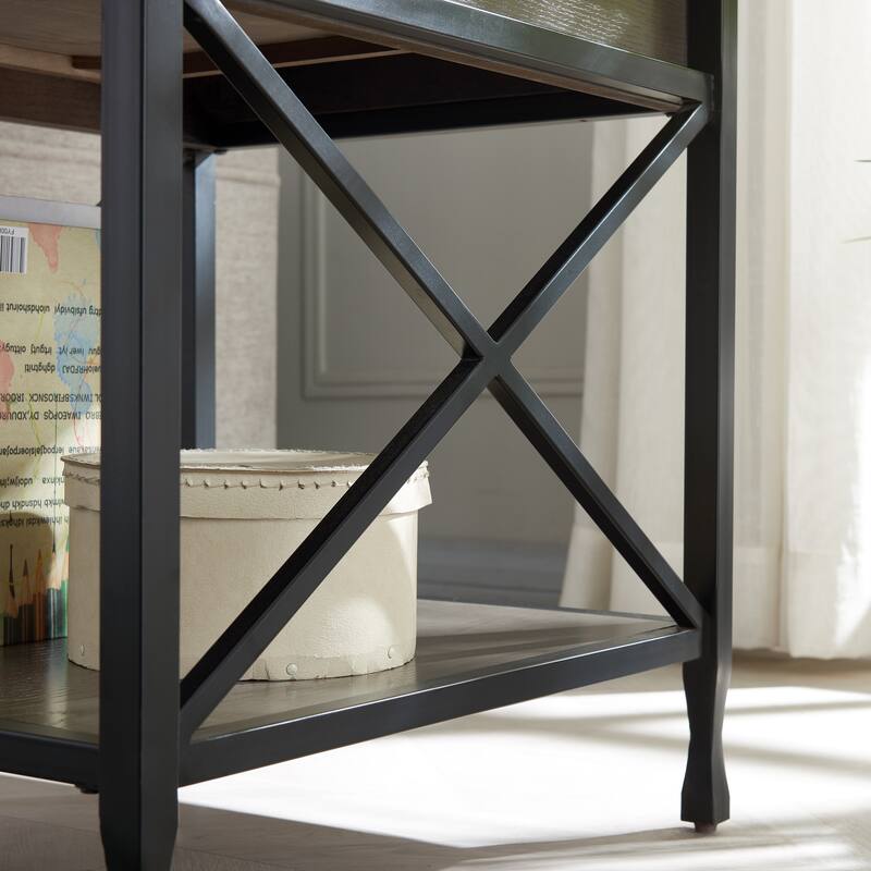 Gray/ Matte Black X Design Mixed Wood and Metal Drawer End Table