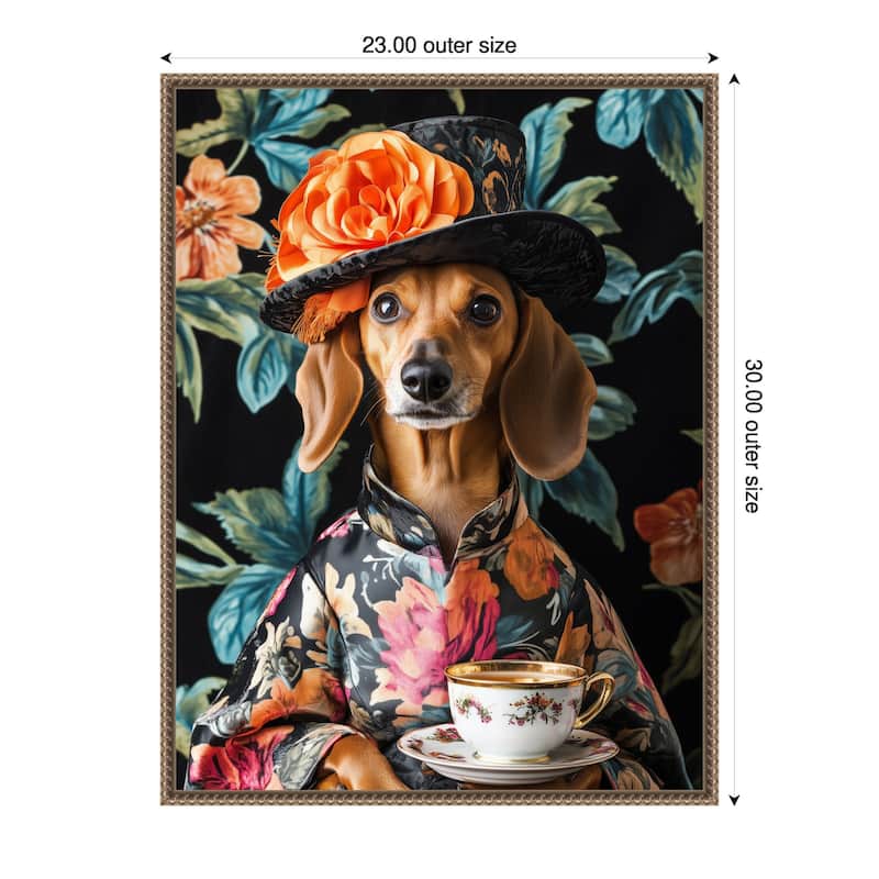 Tea Time Dachshund by Mowzu Framed Canvas Wall Art - 23 x 30 in