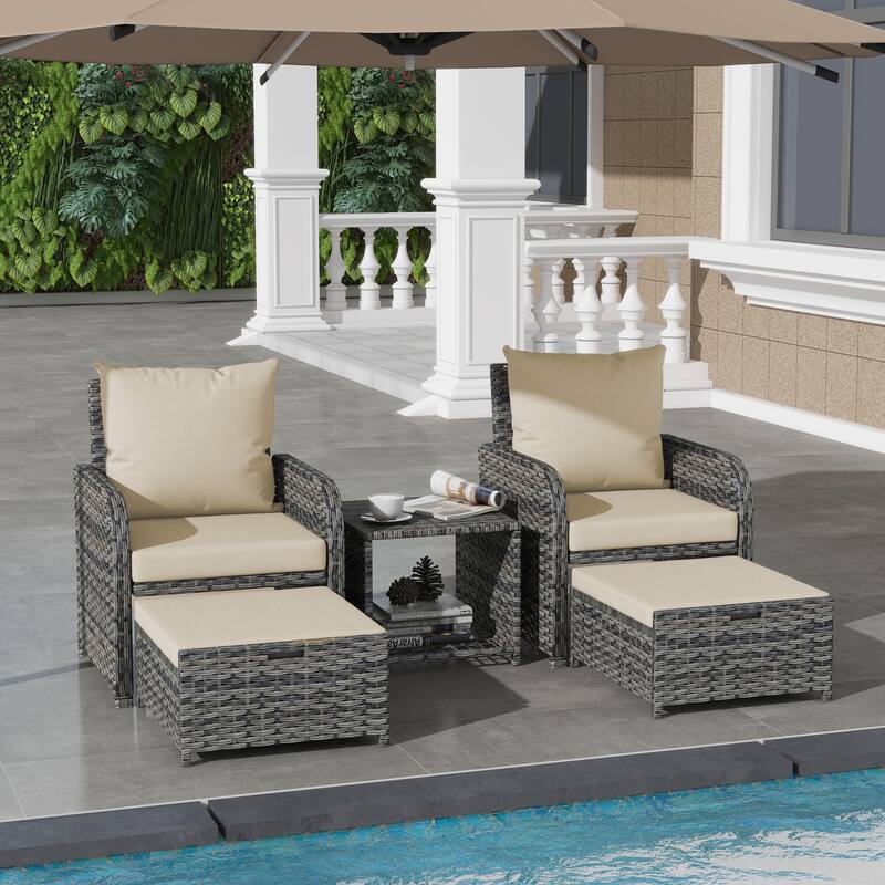 5 Pieces Patio Conversation Set with Cushions Coffee Table and 2 Ottomans