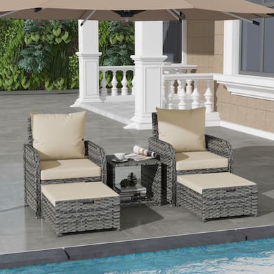 5 Pieces Patio Conversation Set with Cushions Coffee Table and 2 Ottomans