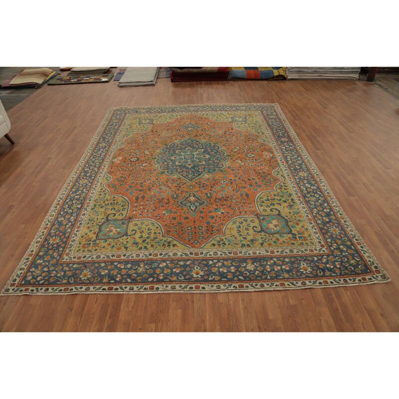 Hand Knotted Oriental 100% Wool Carpet Traditional Floral Oranges & Rust Tabriz Area Rug - 12' 8'' X 9' 6''