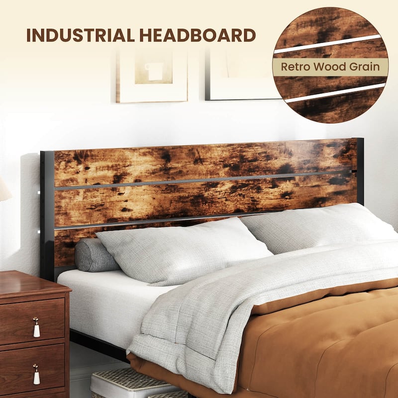 Industrial Metal Platform Bed Frame w/Wooden Headboard