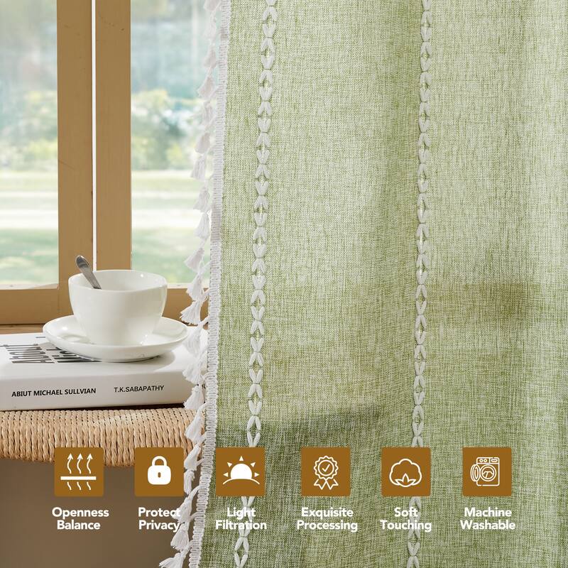 Deconovo Boho Sheer Curtain with Tassels & Embroidery 1 Panel