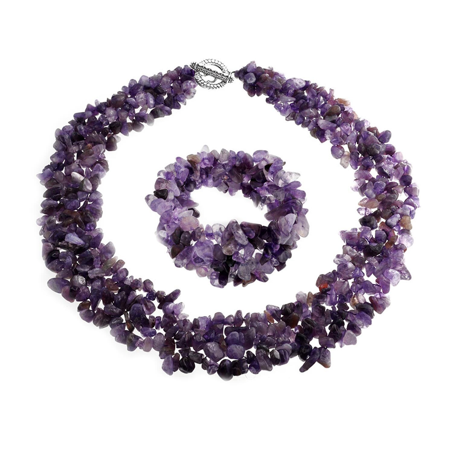 Purple Amethyst Gemstone Chunky Chips Cluster Bib Multi Strand Statement Necklace For Women Silver Plated