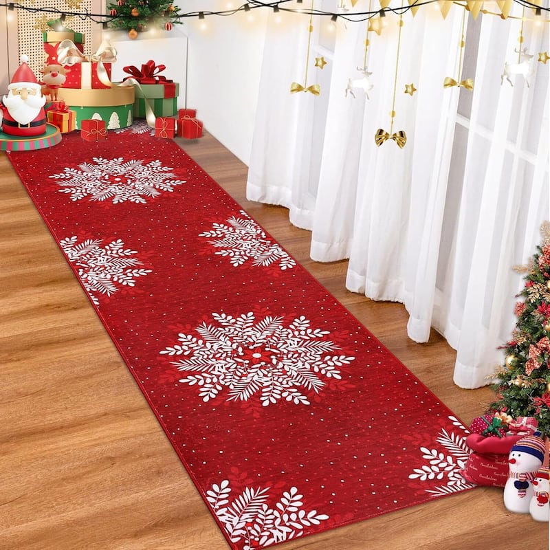 Christmas Snowflake Washable Area Rug, for Holiday Decor, Red - 2*8ft