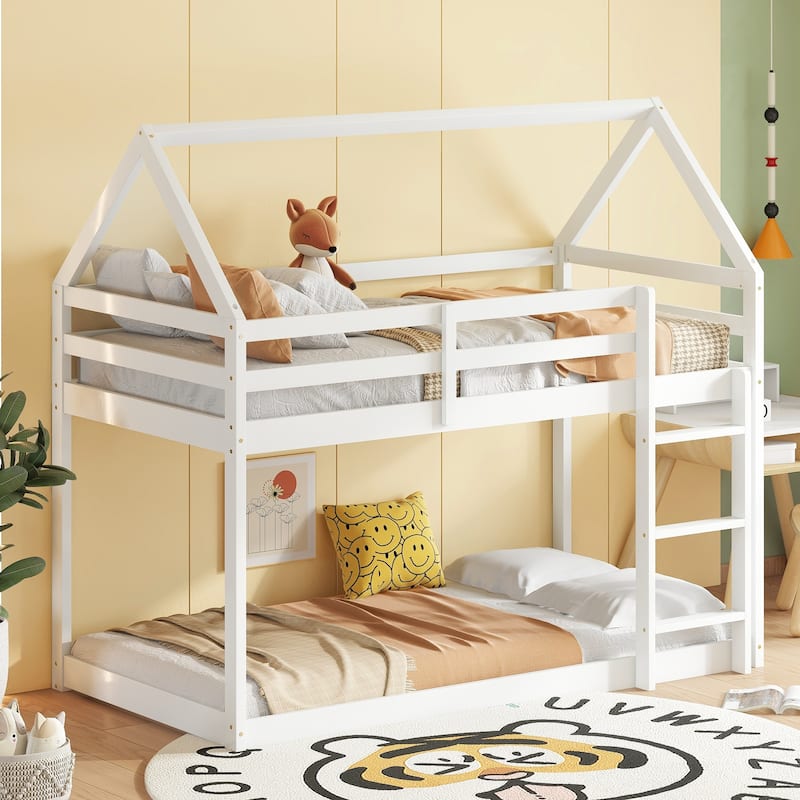Twin over Twin Rubber Wood Floor Bunk Bed with Ladder, Guardrails, and House-Shaped Design, Pink Kids Bunk Bed