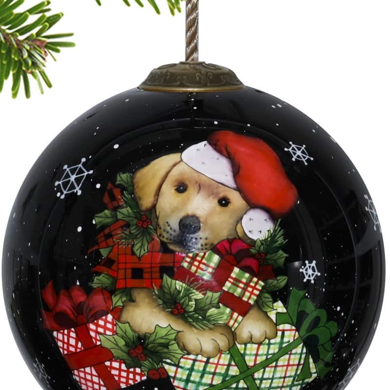 Christmas Puppy with Presents Hand Painted Mouth Blown Glass Ornament - 3"x 3" x 3"