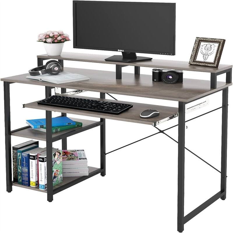 Compact Computer Desk with Storage Shelves - Espresso Gray
