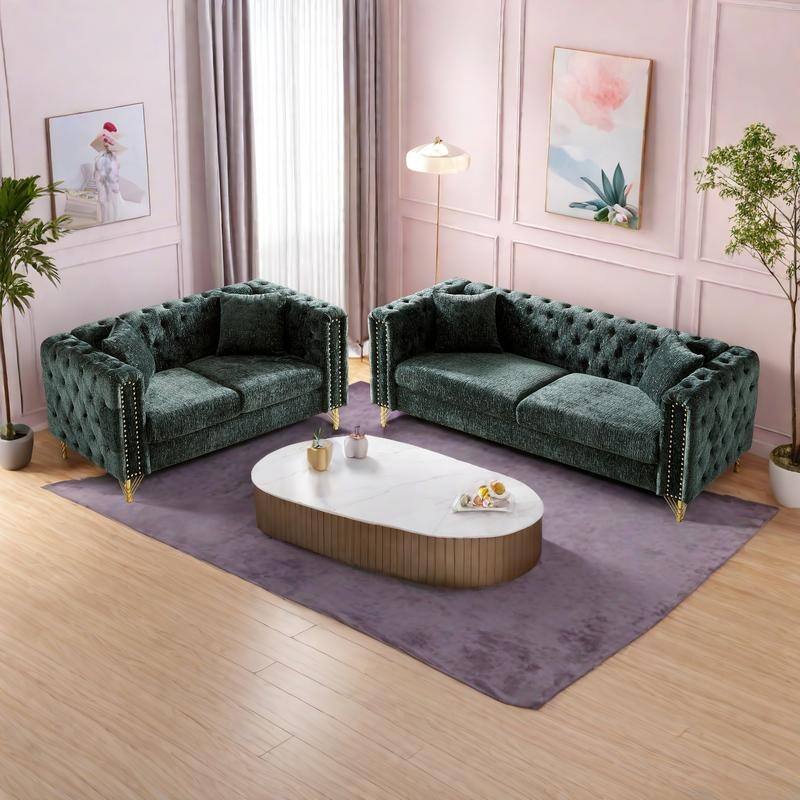 2-Pieces 5-Seat Chenille Chesterfield Sofa Set with Tufted Back & Copper Nail Trim
