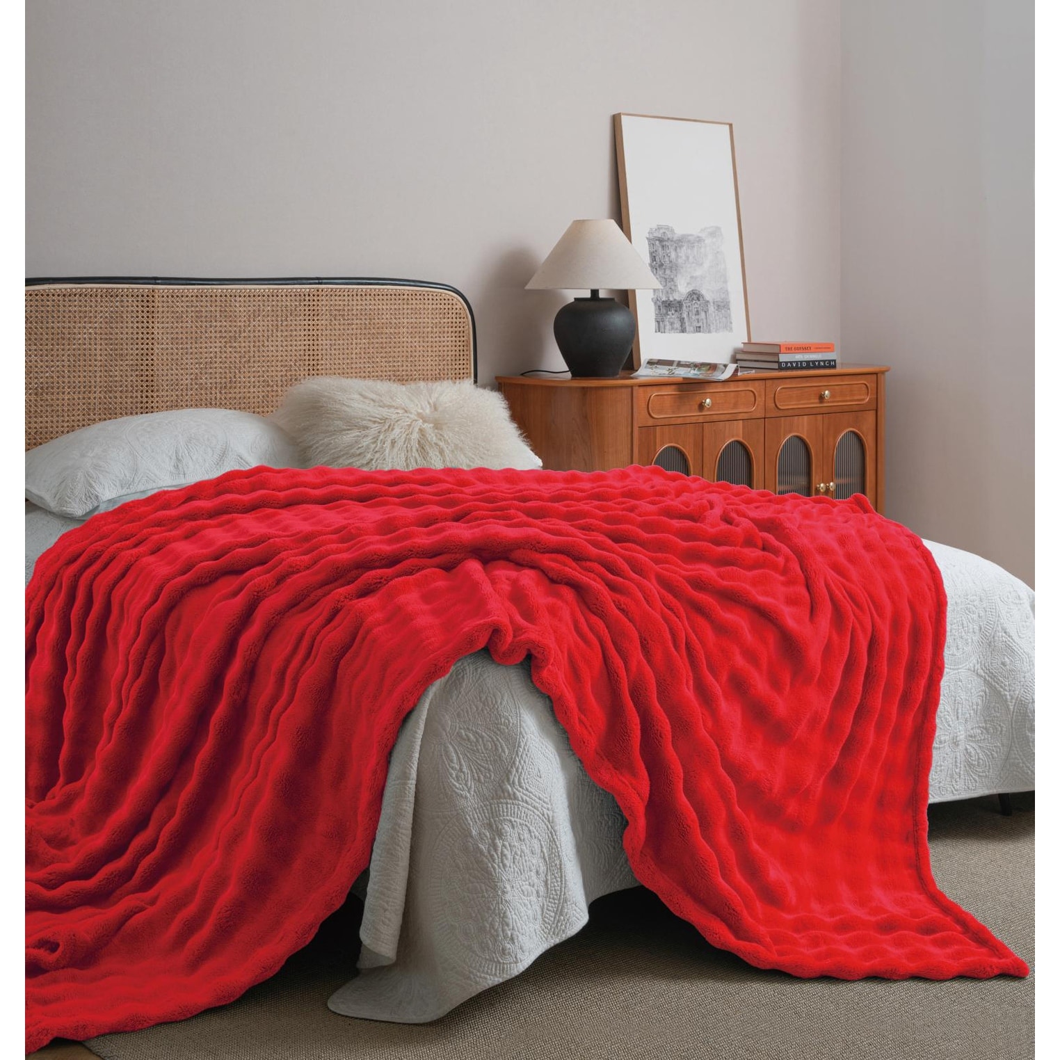 Red Soft Plush Cozy Warm Fleece Bubble Textured Bed Throw Blanket