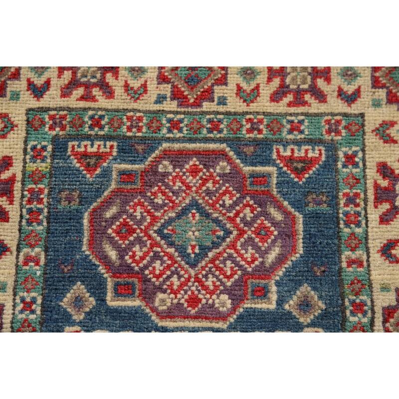 Blue Geometric Kazak Foyer Rug Handmade Wool Carpet - 2'0" x 3'0"