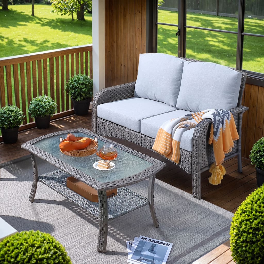 HOOOWOOO 2-piece Outdoor Rattan Wicker Loveseat Sofa with Coffee Table
