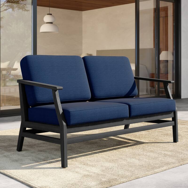 Outdoor Teak Wood Loveseat Sofa with Water-Resistant Cushions - BlackFrame-Navy