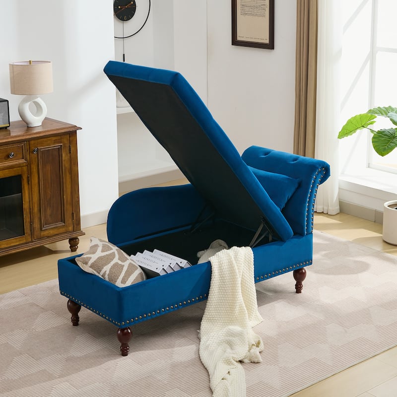 Velvet Chaise Lounge with a Storage Function, Tufted Cushions & Nailheads