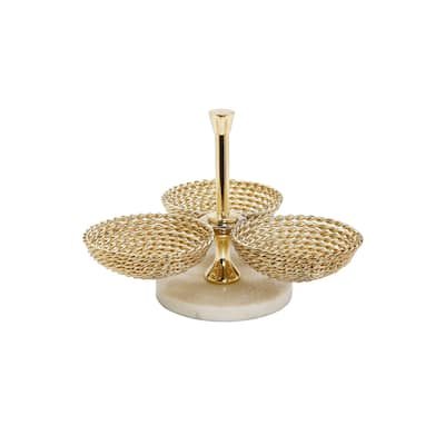 Triple Bowl Relish Dish Gold Rope Design and Marble Base