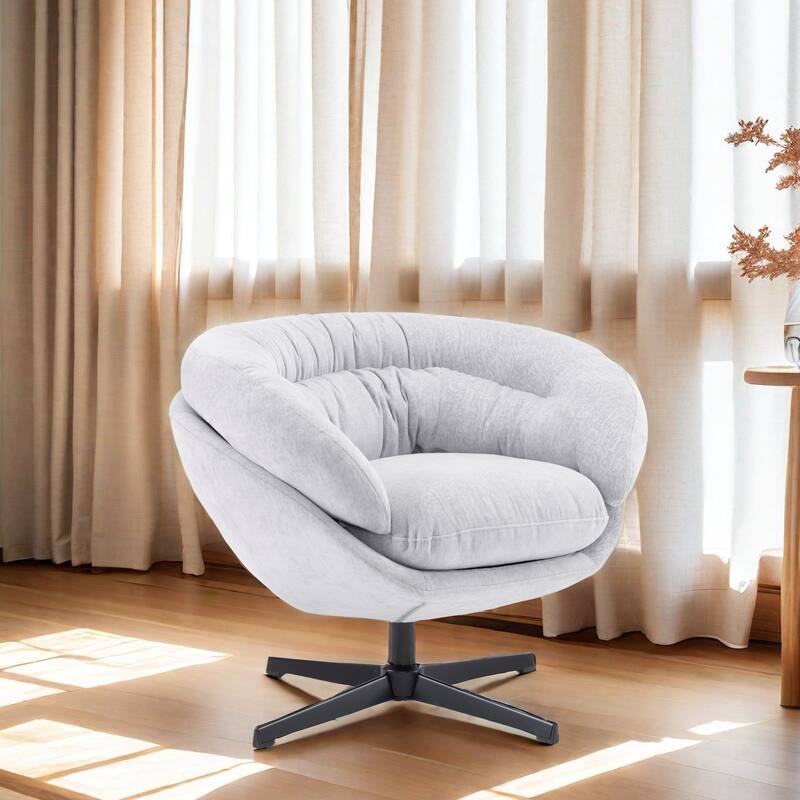 Chenille Upholstered 360° Swivel Club Chair/Accent Chair with Removable Cushion, Round Office Chair with Black Metal Base