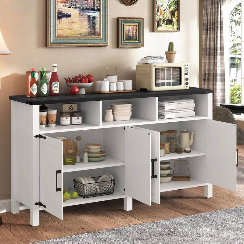 Modern 4-Door Sideboard Buffet with Power Outlets Adjustable Shelves and Half-Open Storage Design