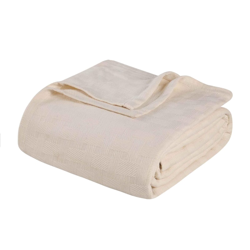 HomeRoots Twin Ivory Cotton Basketweave Geometric Blanket