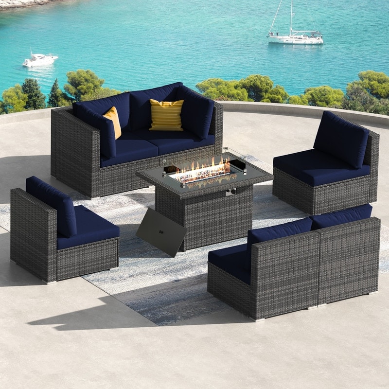 7 Piece Outdoor Sectional Modular Wicker Patio Conversation Set with 43'' Fire Pit Table and Cushion