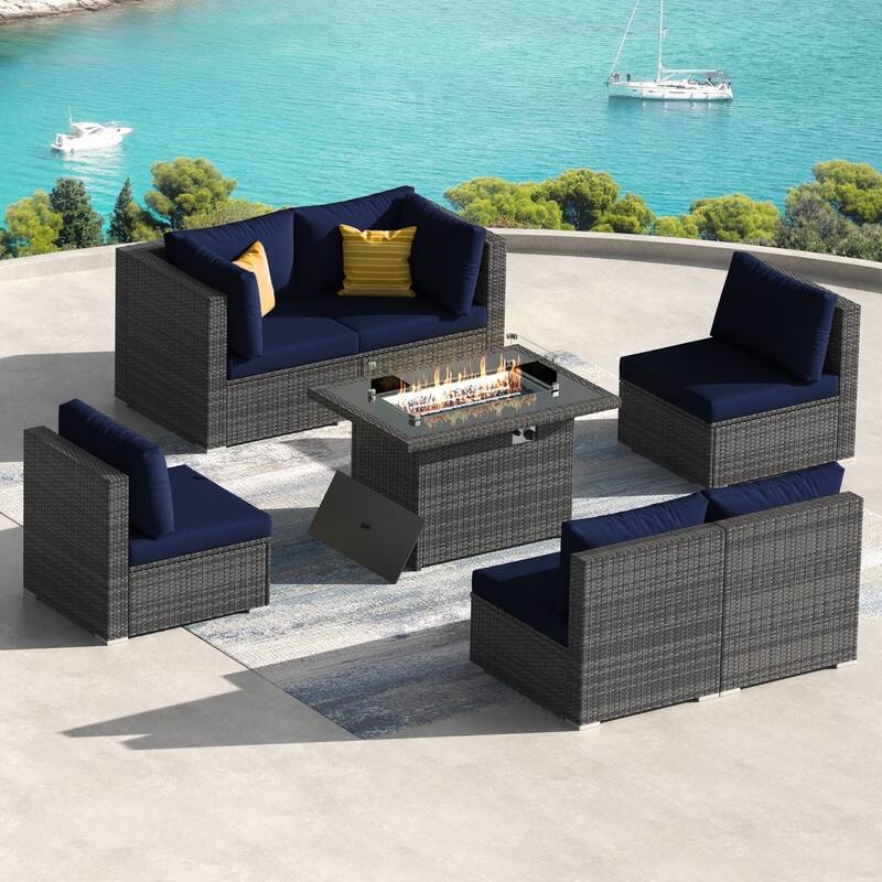 7 Piece Outdoor Sectional Modular Wicker Patio Conversation Set with 43'' Fire Pit Table and Cushion - Navy Blue