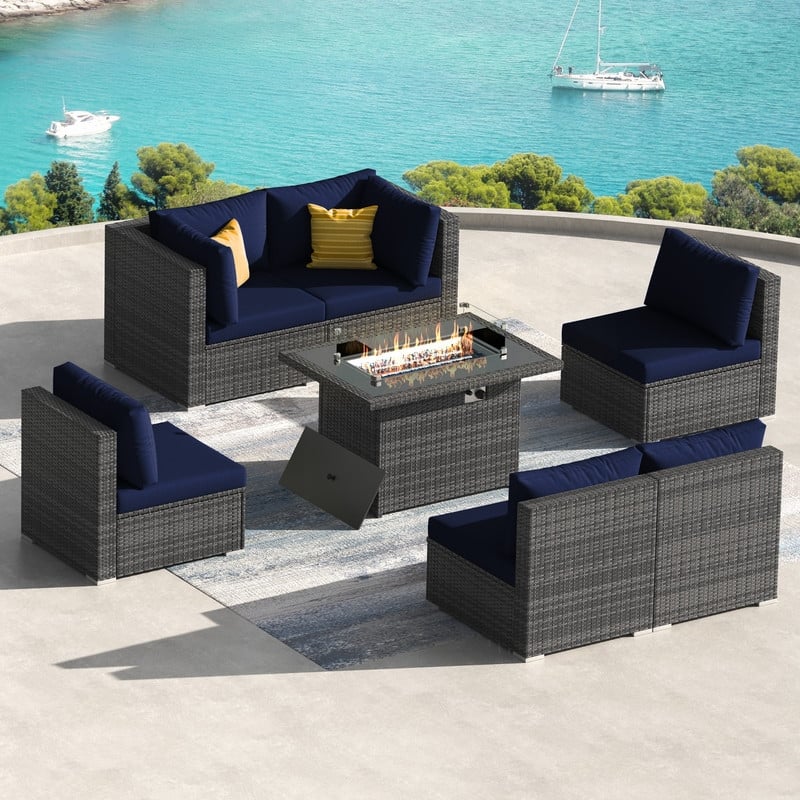 7 Piece Outdoor Sectional Modular Wicker Patio Conversation Set with 43'' Fire Pit Table and Cushion