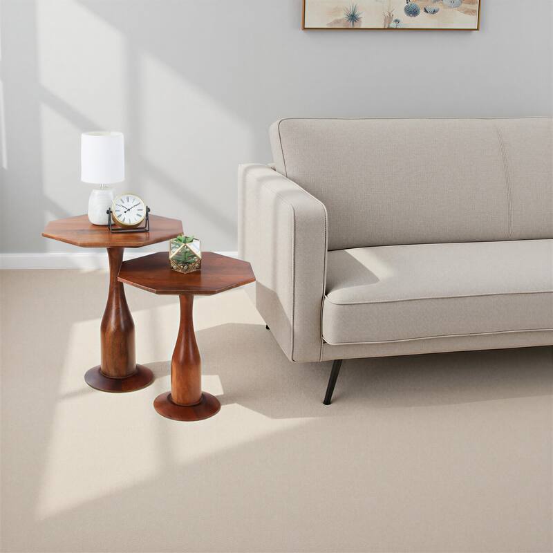 Set of 2 Hexagon Accent Tables with Mango Wood Tops and Pedestal Bases